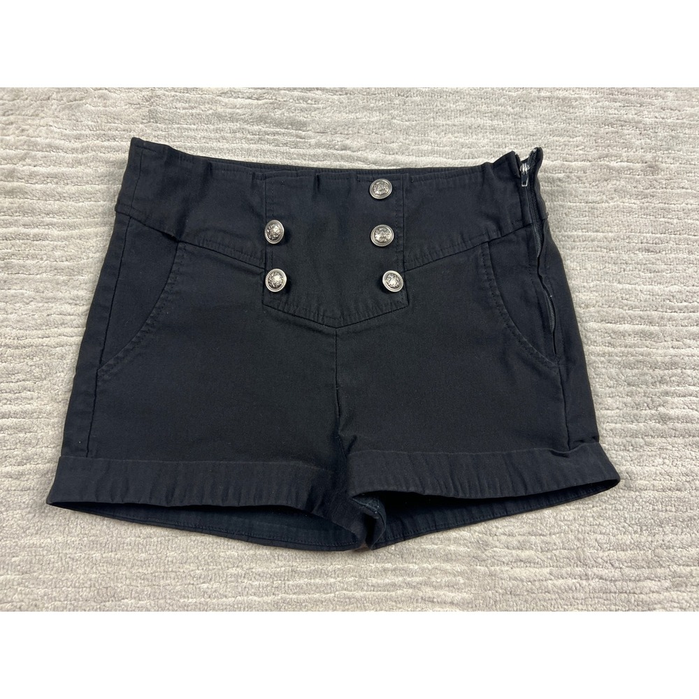 HAL Sailor Shorts Womens S Black High Waisted Silver Button Side Zip Cuffed Hem